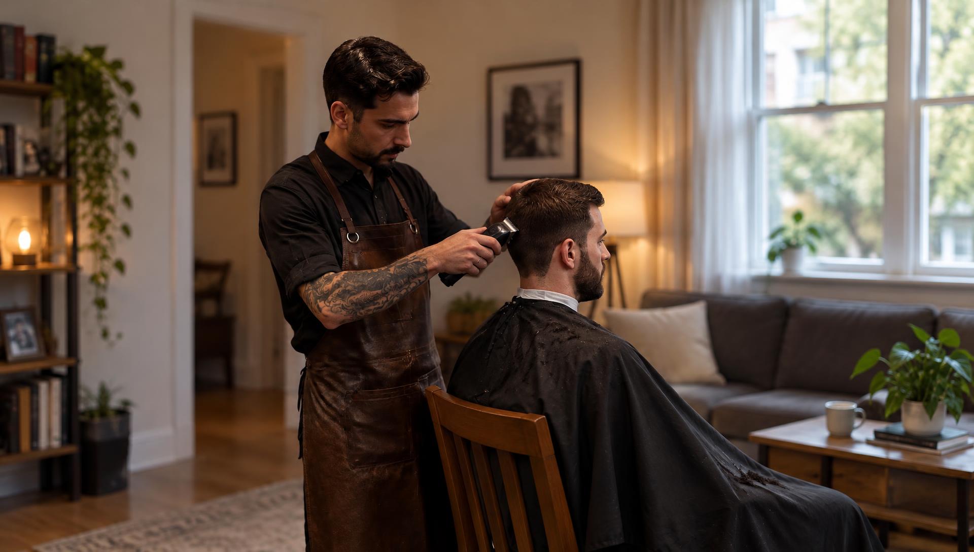 Frizer tunzând un client în livingul său